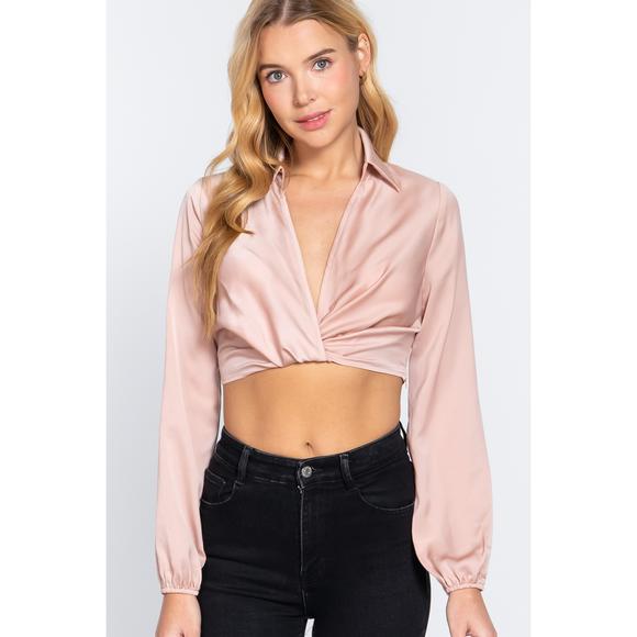 Rachell`s Boutique Tops - Long Sleeve Notched Collar Front Twisted Detail Crop Woven Top